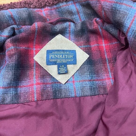Pendleton Zip Up Burgundy Boucle teddy Fleece Jacket With Plaid Pocket Size L - Picture 5 of 10